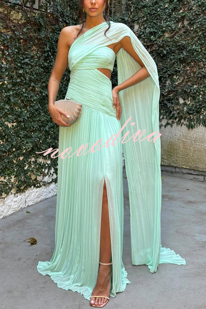 Forest Muse Chiffon Pleated Off Shoulder Cutout Waist Cape Maxi
