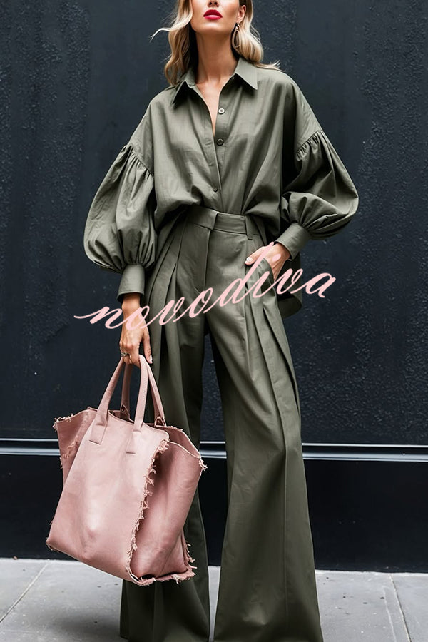Solid Color Lapel Long-sleeved Loose Shirt and Casual Wide-leg Pants Set