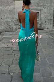 Like A Gem Satin Colorblock Halter Backless Party Maxi Dress