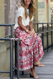Resort Style Unique Print Pleated Elastic Waist Maxi Skirt