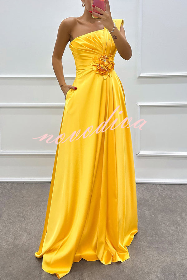 Nasha Satin Pleated One Shoulder Petal Gemstone Detail Pocket Slit Maxi Dress