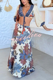 Unique Printed V-Neck Tie Cropped Top and Elastic Waist Casual Maxi Skirt Set