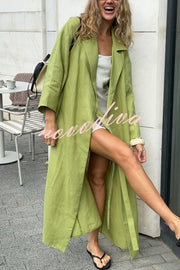 Linen Blend Solid Color Casual Lapel Tie Loose Maxi Dress