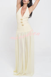 Giselle Gold Starfish Hardware Halter Back Lace-up Tulle Maxi Dress