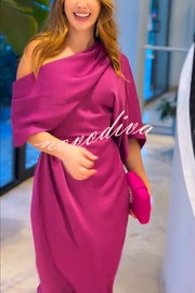 Whispered Yes Satin Irregular Lapel Neckline Design Ruched Maxi Dress