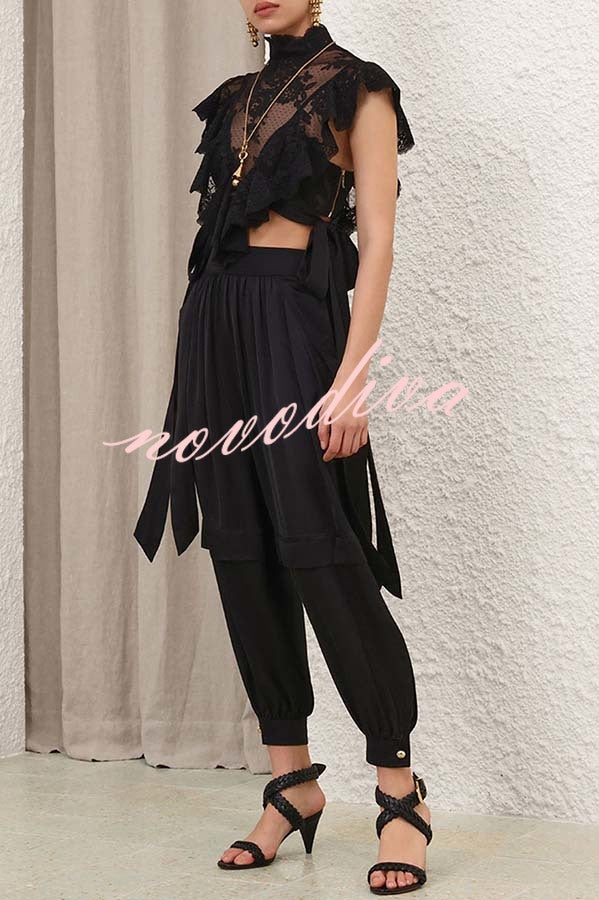 Esella Satin Gathered Waist Pocket Button Ankle Cuffs Harem Pant