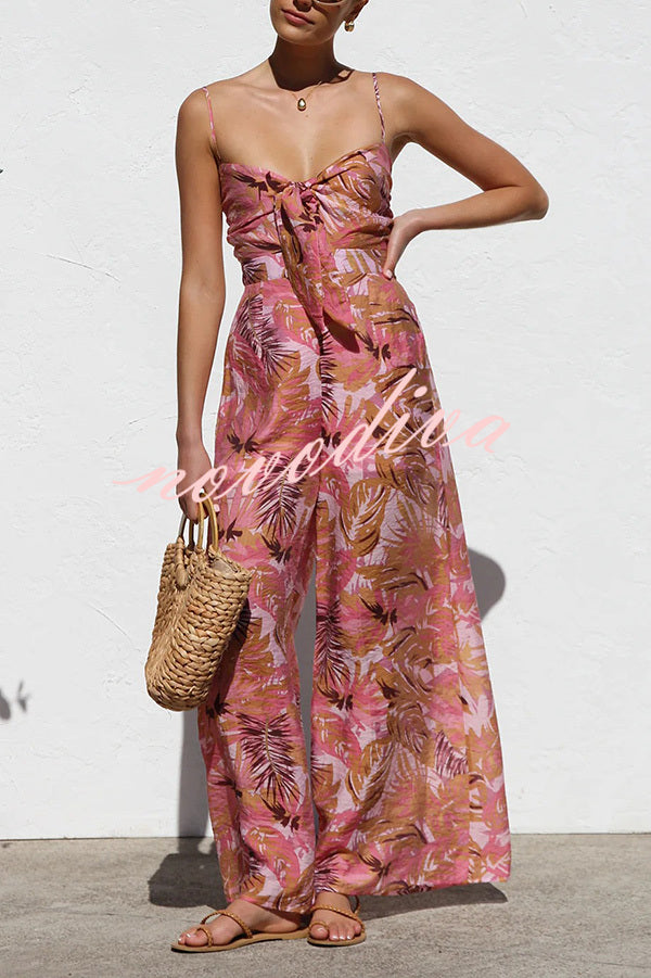 Botanical Print Strappy Resort Style Wide-leg Pants Jumpsuit