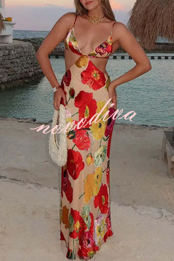 Hawaiian Dreams Satin Floral Print Cutout Backless Maxi Dress