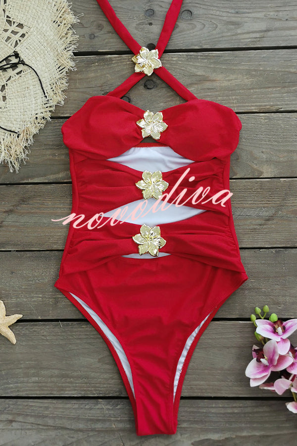 Sun and Sea Hollow Metal Flower Decoration Stretch One-piece Swimsuit