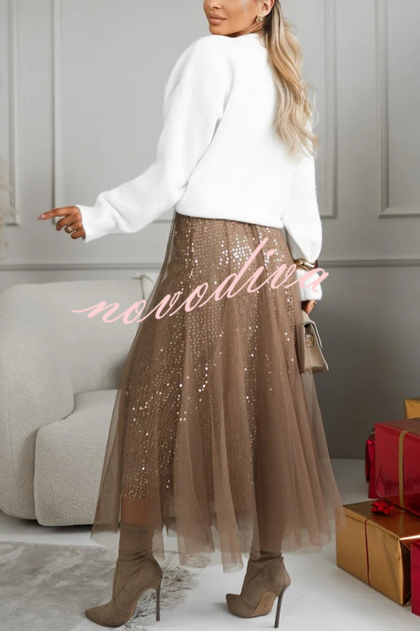 Party Daydream Sequin Tulle High Rise Elastic Waist Maxi Skirt