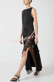 Pretty Soul Satin Lace Trim Wide Neck Irregular Hem Slit Maxi Dress