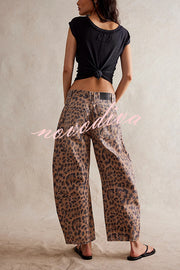 We The Free Denim Leopard Print Mid Rise Pocketed Barrel Jeans