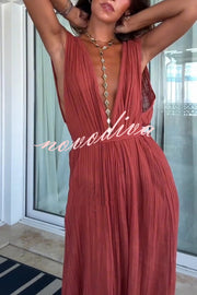 Resort Style V-neck Tie Pleated Casual Jumpsuit