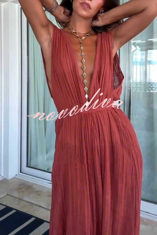 Resort Style V-neck Tie Pleated Casual Jumpsuit