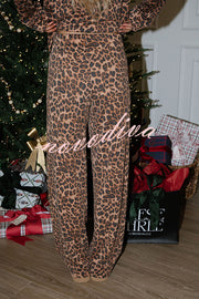 Paige Ribbed Leopard Print Loose Shirt and Elastic Waist Pocketed Pajama Set