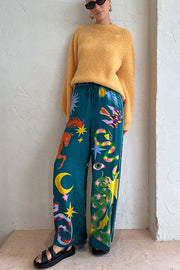 Holiday Pierson Linen Blend Unique Print Elastic Waist Pocketed Wide Leg Pants