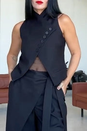 Urban Charm High Stand-up Collar Oblique Buckle Design Sleeveless Vest