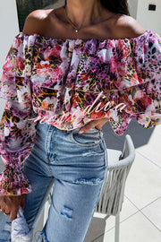 Colorful Botanical Print Sexy Off-shoulder Ruffle Top