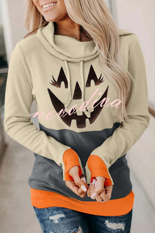 Halloween Pumpkin Print Long Sleeve Drawstring Hoodie