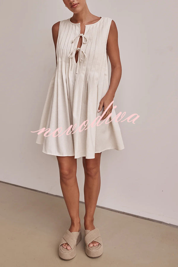 Solid Sleeveless Lace-up Loose Pleated Mini Dress