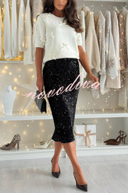 Light The Night Velvet Sequin High Rise Elastic Waist Pencil Slit Midi Skirt