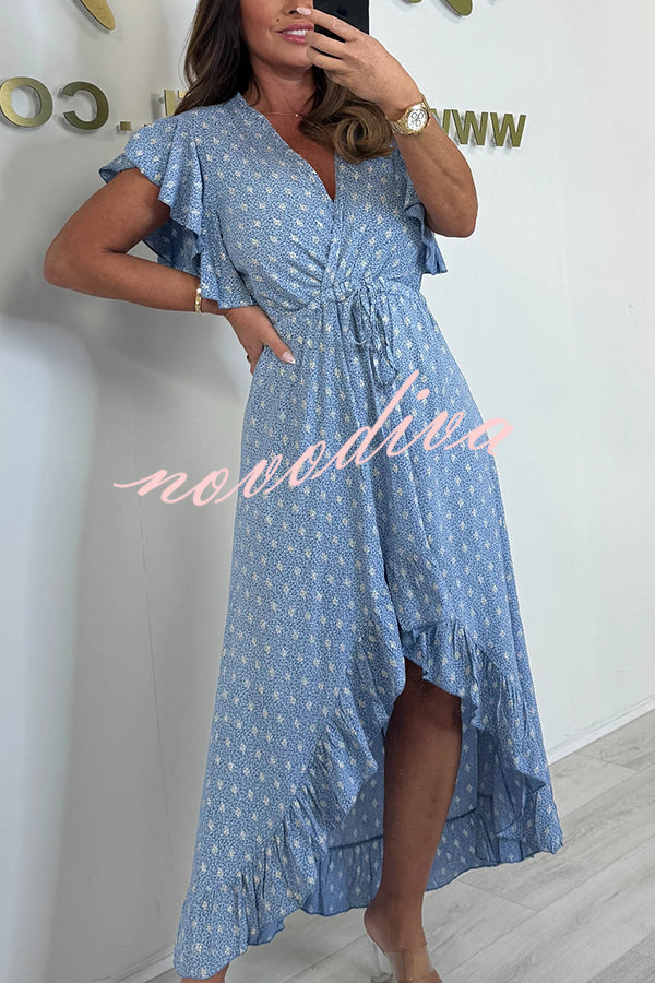 Resort Style V-neck Ruffle Sleeves Waist Tie Irregular Midi Dress