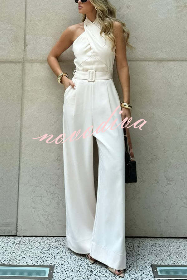 Solid Color Halterneck Sleeveless Waisted Casual Pocket Straight Jumpsuit