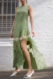 Pretty Soul Satin Lace Trim Wide Neck Irregular Hem Slit Maxi Dress