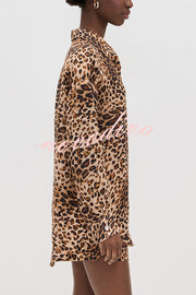 Trisha Linen Blend Leopard Print Long Sleeve Blouse and Elastic Waist Pocket Loose Shorts Set