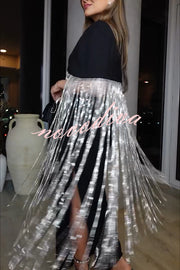New Level Shiny Tassel Stand Neck Crop Cape Blouse