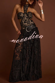 A Girls' Trip Lace High Neck Cutout Drop Waist Ruffles Maxi Dress