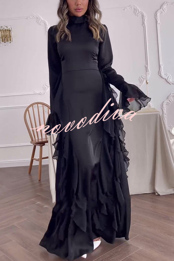 Cline Solid Color High Neck Long Sleeve Elegant Ruffles Maxi Dress