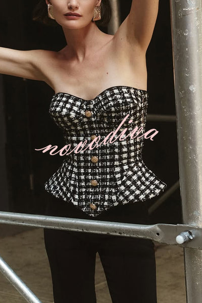Maya Check Bouclé-tweed Fabric Sweetheart Neck Gold Button Strapless Tank