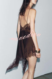 Elouise Satin Lace Trim V-neck Asymmetrical Hem Slip Mini Dress
