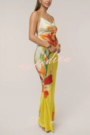 Luisa Satin Floral Print Cowl Neck Sexy Open Back Tie-up Maxi Dress