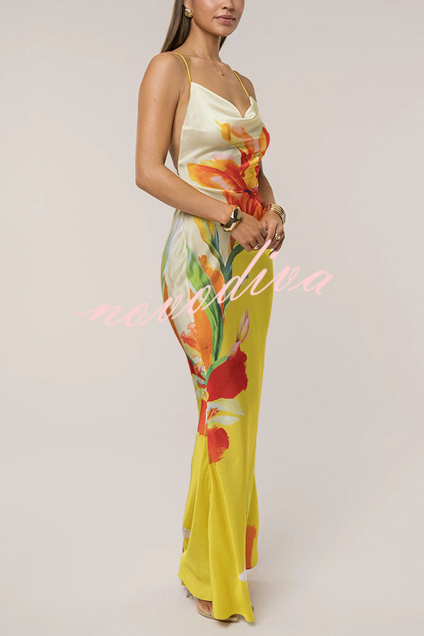 Luisa Satin Floral Print Cowl Neck Sexy Open Back Tie-up Maxi Dress