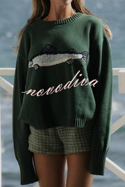 Fashionable Fish Pattern Round Neck Loose Knitted Sweater