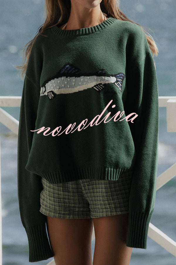 Fashionable Fish Pattern Round Neck Loose Knitted Sweater