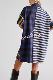 Contrast Striped Patchwork Denim Lapel Loose Casual Mini Dress