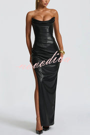 Alba Faux Leather Pleated Off Shoulder Neck Slit Stretch Maxi Dress