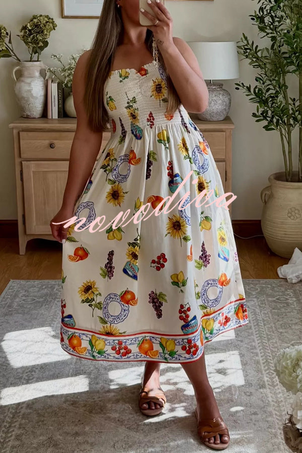 Summer Fruit Print Sling Pleated Vacation Midi Dress