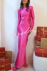 Satin Elegant Long-sleeved Open-back Slim-fit Slit Maxi Dress