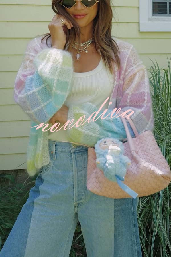 Palette Day Knit Color Blocks Open Front Balloon Sleeve Loose Cardigan