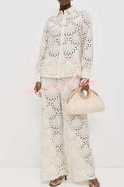 Lillah Embroidered Lace Shell Pattern Long Sleeve Loose Blouse