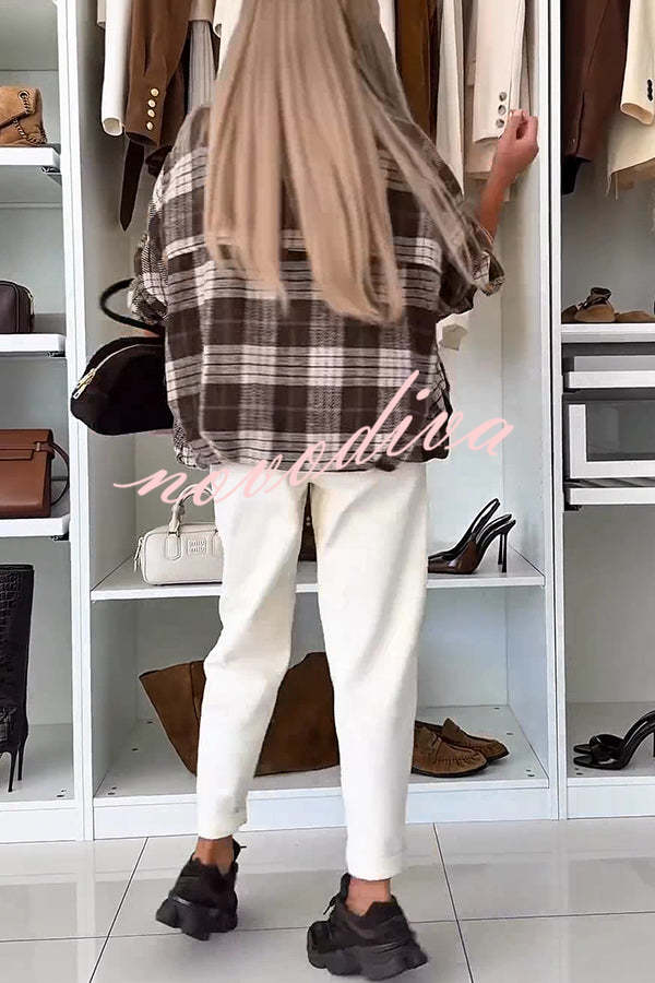 Fashion Plaid Print Lapel Long Sleeve Loose Zipper Jacket