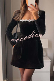 Endless Celebration Velvet Jewel Embellished Trim Long Sleeve Pocketed Mini Dress