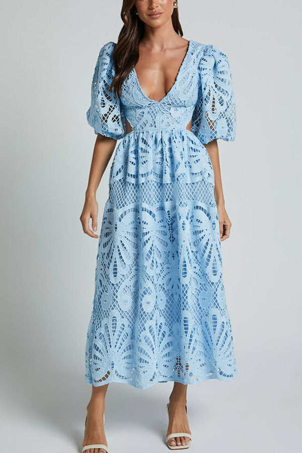 Solid Color V neck Hollow Lace Waistless Sexy Maxi Dress