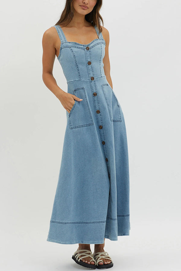 Solid Color Suspender Pocket Button Slim Denim Midi Dress