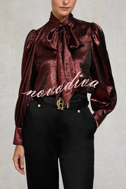 Ariella Metallic Satin Fabric Tie-up Bow Neck Long Sleeve Blouse