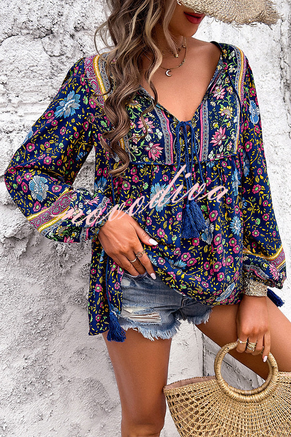 Intricate Floral Print V Neck Lace Up Paneled Long Sleeve Shirt